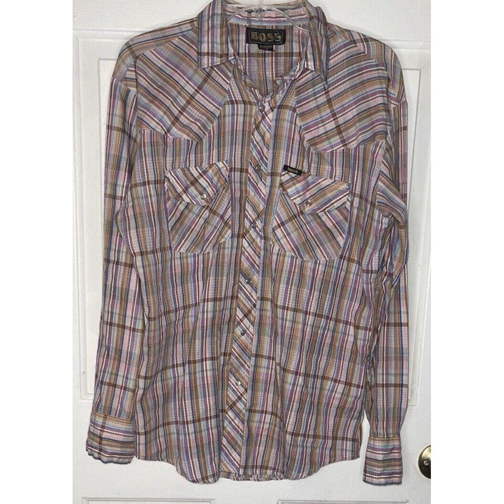 Vintage Boss Pearl Snap Western wear Shirt Mens Medium Plaid Multicolored cowboy